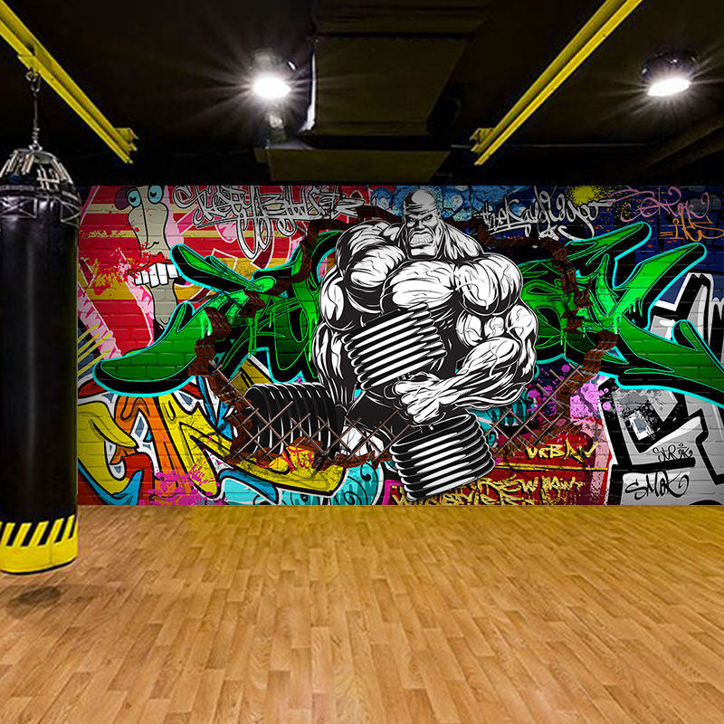 健身房壁纸个性肌肉壁画运动涂鸦3d立体装饰工作室背景墙创意墙纸