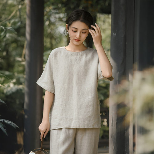 夏季汉麻水洗老钱风短袖T恤女