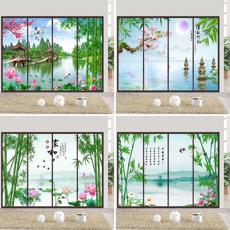 定做装饰竹子绿色风景画玻璃贴纸