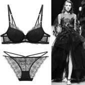 蕾丝性感聚拢调整型黑色小胸加厚显大文胸套装 法式 超薄内衣套装 女