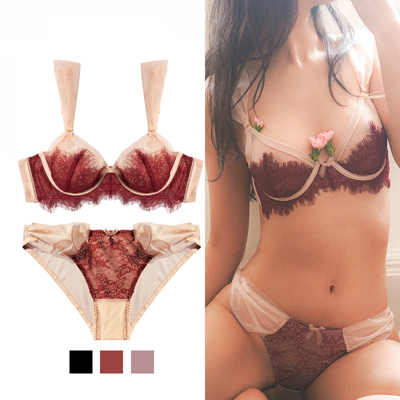 法式少女蕾丝超薄款内衣大胸显小性感文胸套装调整型红色胸罩大码