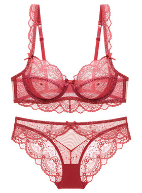 性感蕾丝文胸套装超薄大码大胸显小薄款收副乳红色本命年内衣女ED