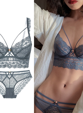 性感蕾丝超薄款有钢圈文胸套装大胸显小D杯大码本命年内衣女红色