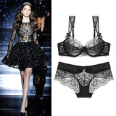 性感超薄小胸聚拢透明调整蕾丝情趣红色大码 法式 文胸套装 内衣女夏