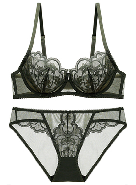 2021性感蕾丝超薄内衣套装透明透气刺绣网纱文胸大胸显小红色胸罩