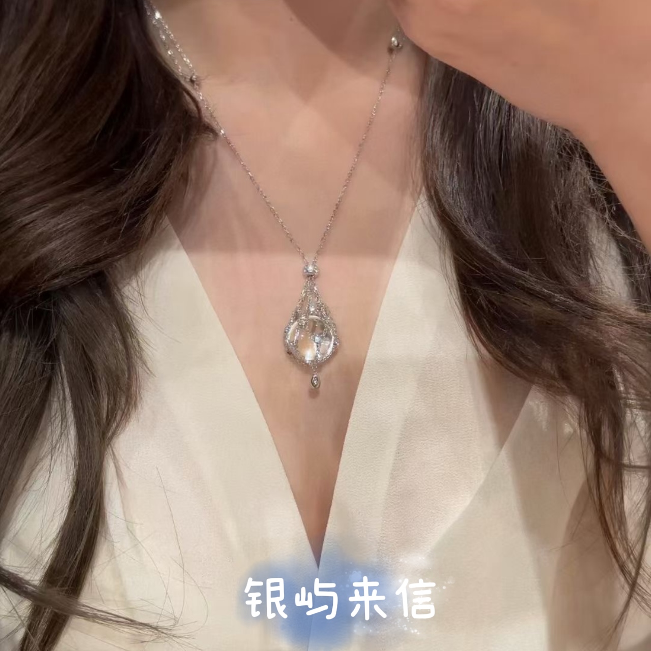 S925纯银捕梦网白水珍珠网兜项链女轻奢小众锁骨链高级感颈链配饰