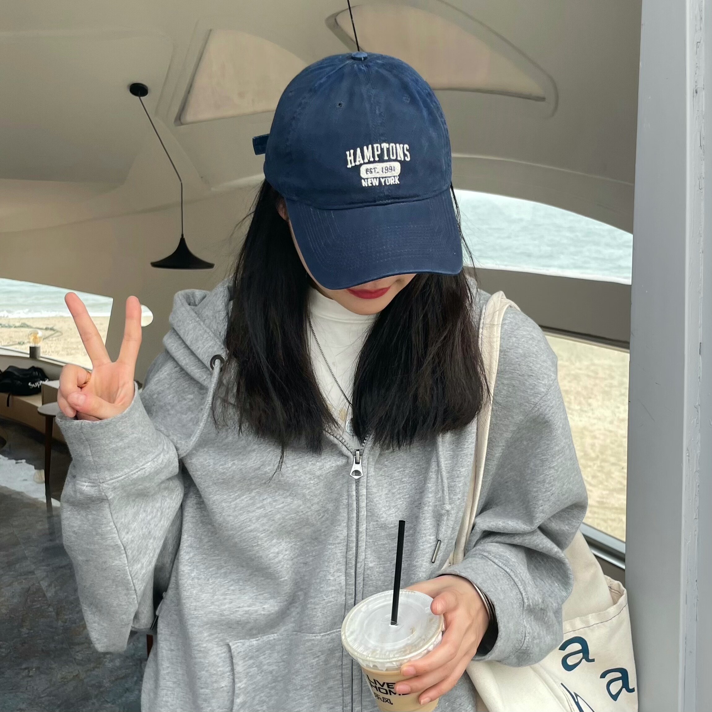 帽子女韩版显脸小字母刺绣鸭舌帽藏青色ins软顶大头围显白棒球帽