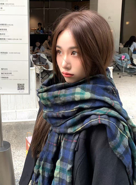 复古绿色格纹围巾女秋冬百搭