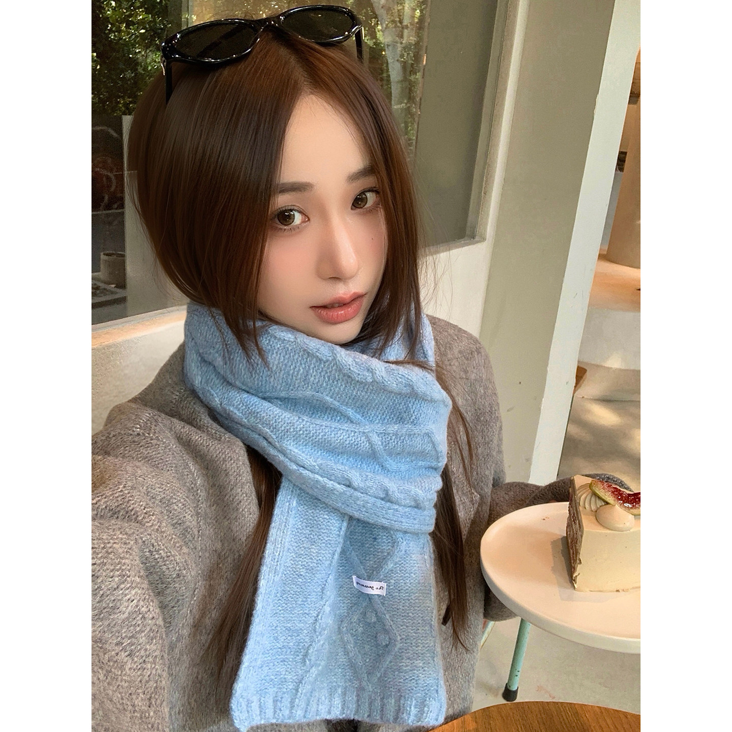 韩系蓝色毛线围巾女秋冬保暖温柔氛围感软糯亲肤纯色百搭针织围脖