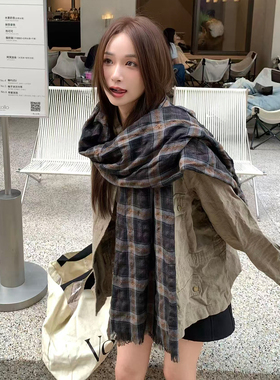 复古日系格纹围巾女秋冬保暖