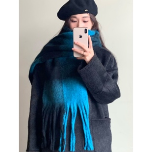 神秘冰岛蓝！马海毛格子加长流苏保暖围巾女冬学生礼物披肩围脖男