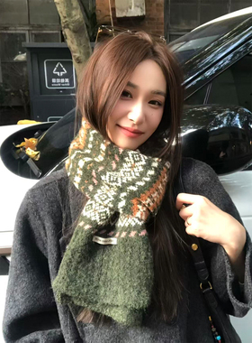 复古绿色费尔岛提花针织围巾女