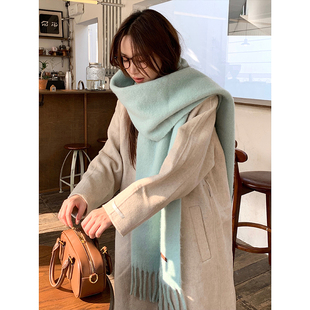 薄荷曼波~韩版纯色羊毛混纺新款显白绿色加厚保暖氛围感披肩围脖