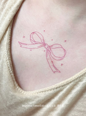 AnOther Tattoo彩色纯欲风线条粉蝴蝶结胸前纹身贴女买一送一防水