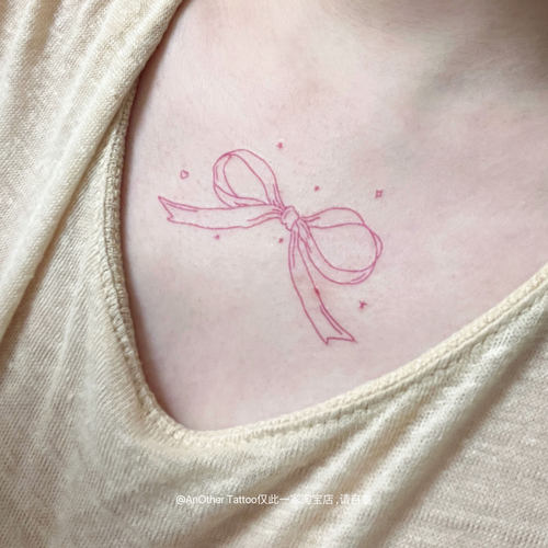 AnOtherTattoo 彩色纯欲线条粉蝴蝶结胸前纹身贴女买一送一防水