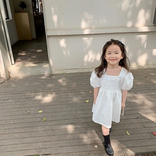宝宝网红洋气连衣裙儿童个性 潮韩版 母女亲子装 夏季 方领白色公主裙