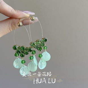 HUALU-绿色海岛~复古水晶流苏贝壳流苏水滴气质耳环蚊香盘耳夹女
