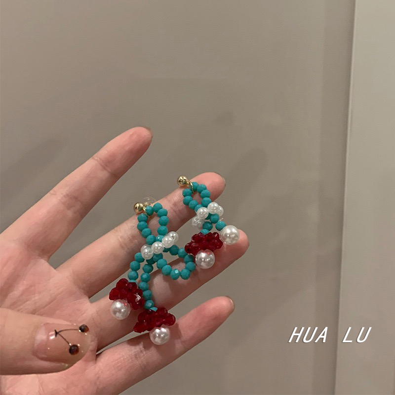 HUALU-落跑甜心~法式复古绿色红色珍珠串珠气质耳环蚊香盘耳夹女