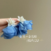 HUALU 未名花期 小清新雪纺网纱花朵蓝色超仙夸张耳环蚊香盘耳夹