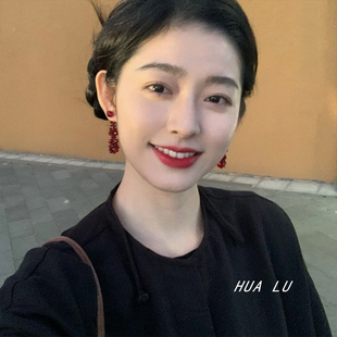 HUALU-曼珠沙华~酒红色花朵耳坠圆脸复古耳环编织串珠蚊香盘耳夹