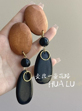 HUALU-浮士德~复古简约中国风水滴咖黑色木质夸张耳环蚊香盘耳夹