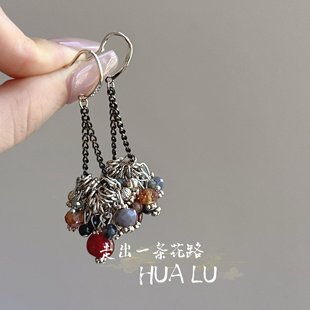HUALU-摩挲素月~复古名族风撞色串珠水晶艺术生耳环蚊香盘耳夹女