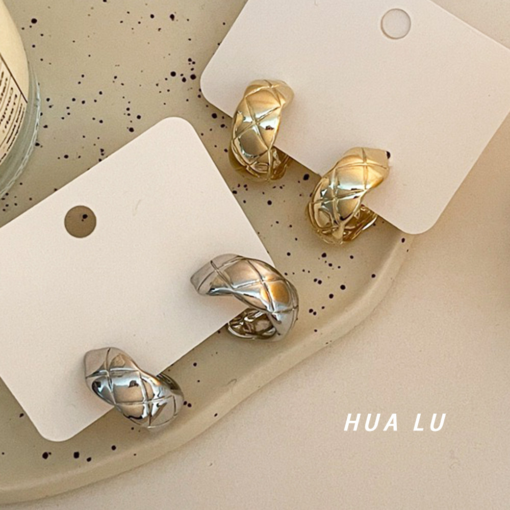HUALU-经典格纹 法式复古金属气质C型简约百搭半圆耳环蚊香盘耳夹,饰品/流行首饰/时尚饰品新,耳环,淘宝优惠券,粉丝福利购,淘宝优惠卷