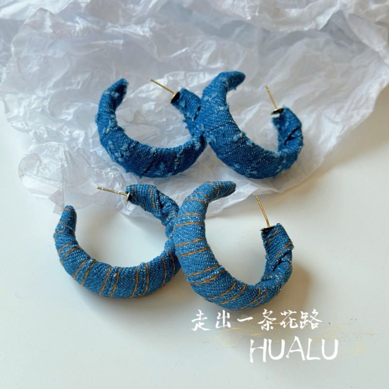 HUALU-牛仔很忙～蓝色缠绕布艺耳环圈圈美式复古C形耳圈小众耳夹,饰品/流行首饰/时尚饰品新,耳环,淘宝优惠券,粉丝福利购,淘宝优惠卷