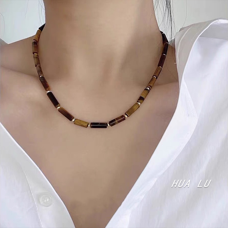 HUALU-知竹 小众琥珀竹节项链木质棕色琥珀石锁骨链辣妹新中式女