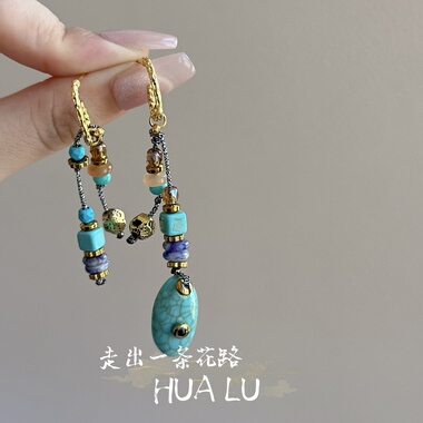 HUALU-松石流苏~绿色复古名族风新中式藏族长款不对称耳环耳夹女