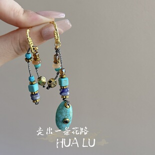 HUALU-松石流苏~绿色复古名族风新中式藏族长款不对称耳环耳夹女