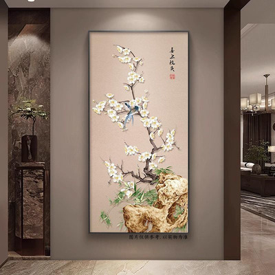 喜鹊双喜图新中式玄关背景墙装饰
