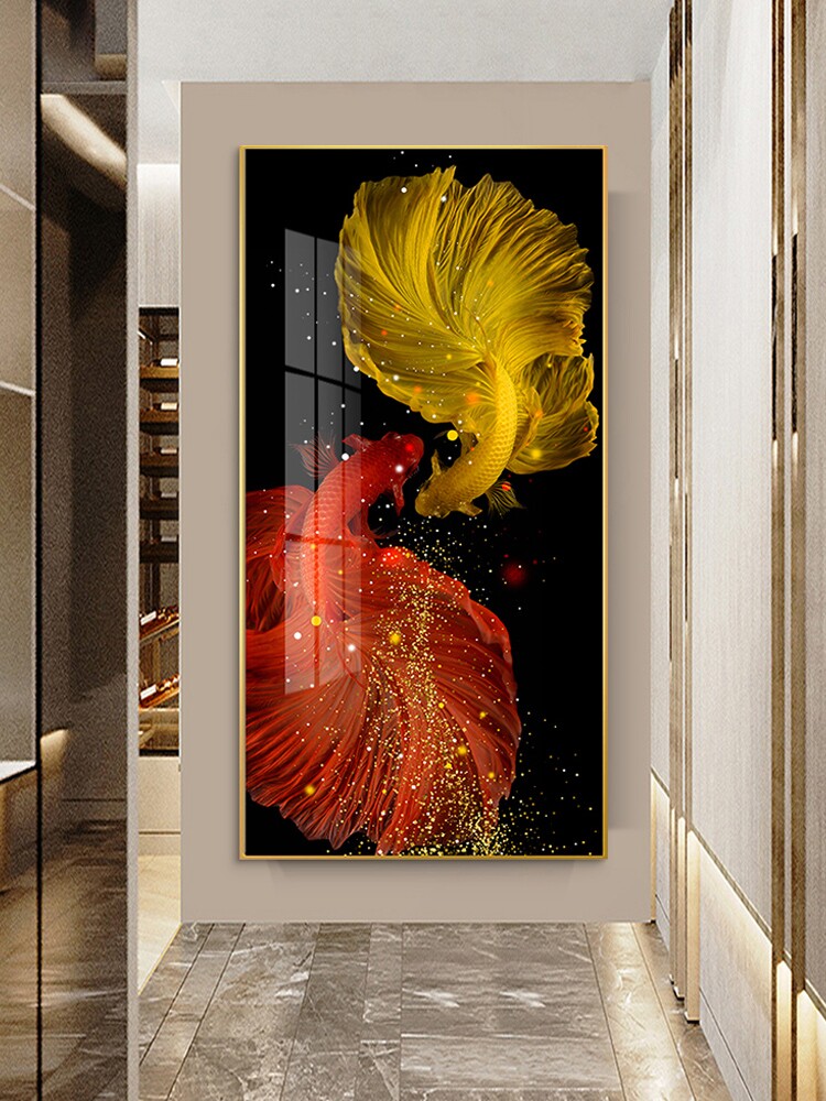 双鱼图入户玄关风水招财装饰画走廊过道轻奢有框挂画竖版晶瓷镶钻