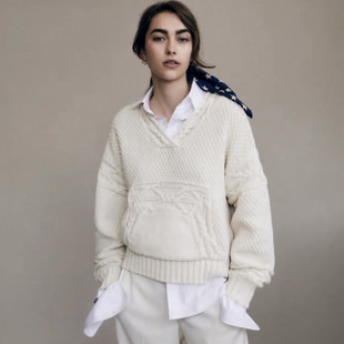 美系经典R 女款 白色 复古阿兰扭绳海军风短款针织衫