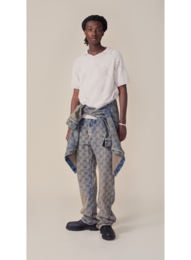 荷兰轻奢街头DP 男款 复古栀子花提花翻领短袖针织衫 毛衣