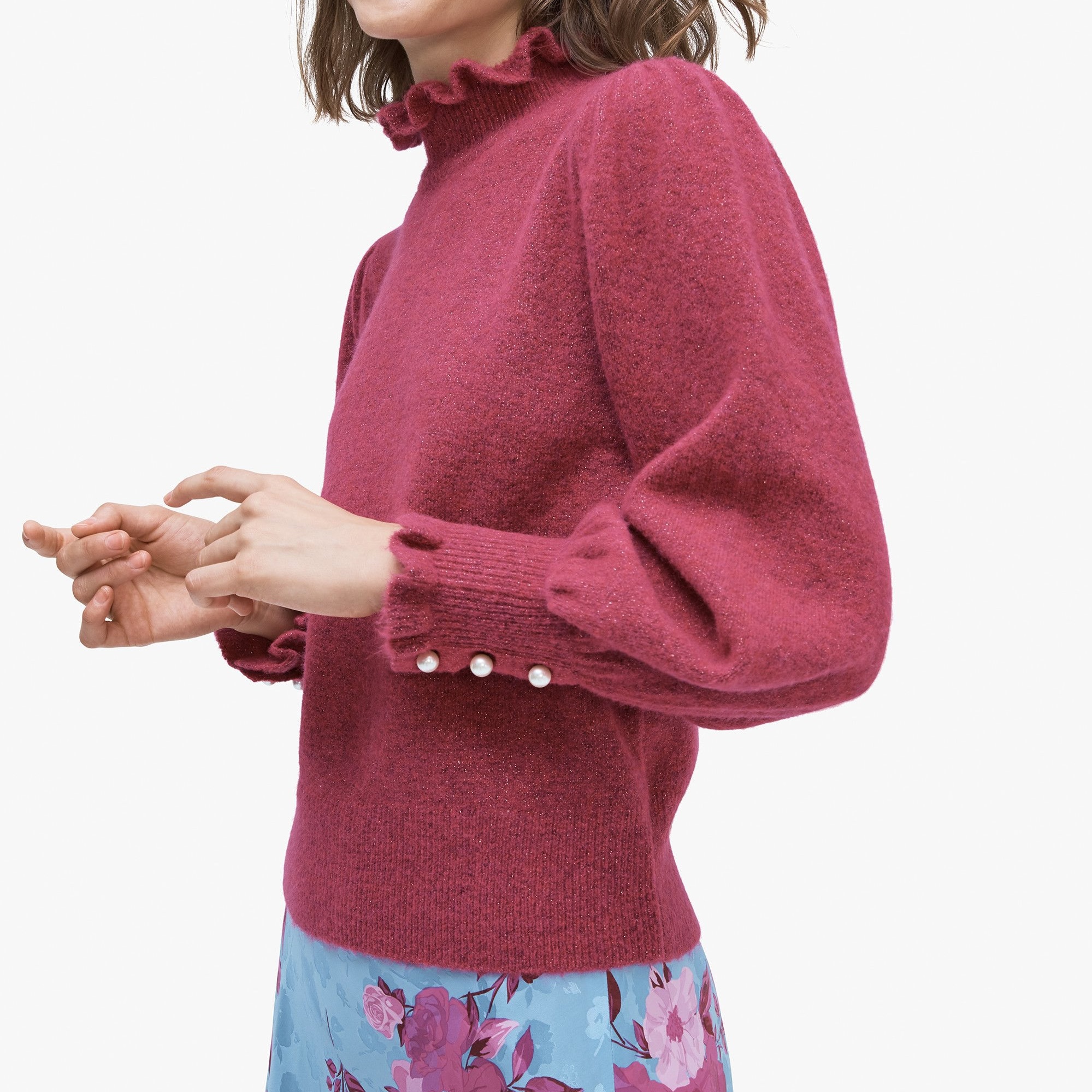 纽约轻奢KS珍珠袖扣褶边针织衫