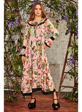 澳洲高端设计师TC 女款 真丝混纺 复古花卉荷叶边娃娃领连衣裙