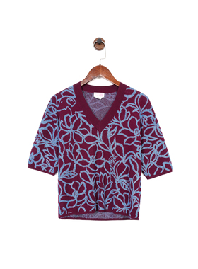 纽约轻奢KS 女款 复古花卉植绒涂鸦v领短袖针织衫 毛衣