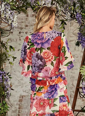 澳洲高端设计师TC 女款 复古花卉印花荷叶边叠层薄纱上衣