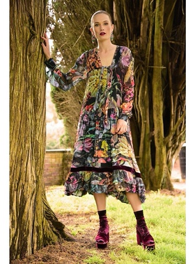 澳洲高端设计师TC 女款 复古荷叶边花卉印花薄纱连衣裙