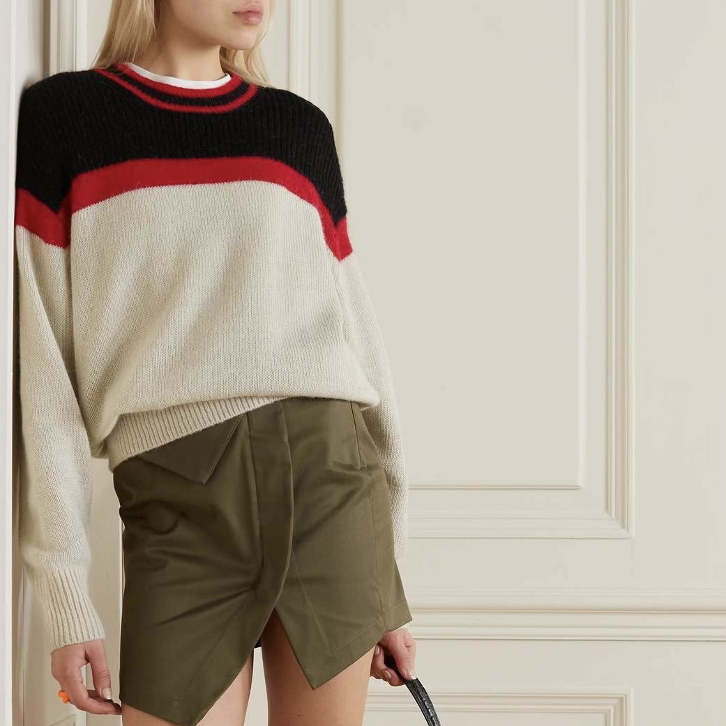 马海毛复古撞色拼接圆领针织衫