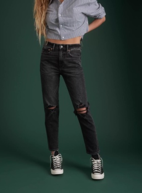 美系AE 复古高端线 女款 MoM 黑灰色 高腰直筒做旧破洞牛仔裤