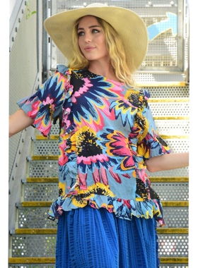 澳洲高端设计师TC 女款 100%亚麻 复古向日葵印花荷叶边短袖上衣