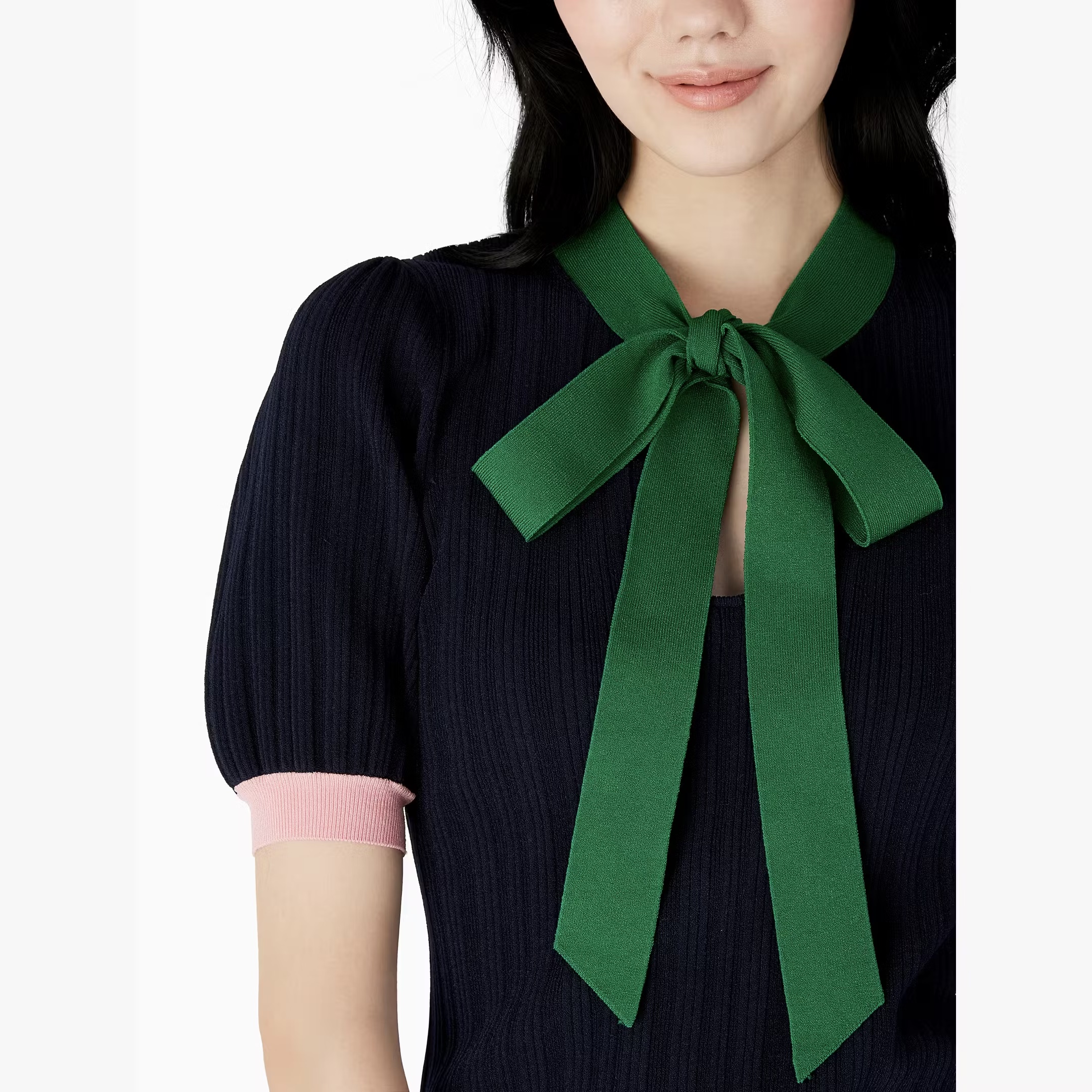 纽约轻奢KS撞色蝴蝶结短袖针织衫