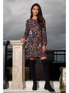 澳洲高端设计师TC 女款 黑色复古立体3D印花灯笼袖连衣裙