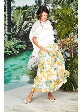 澳洲洲高端设计师TC 女款 100%亚麻复古度假风夏威夷印花字半身裙