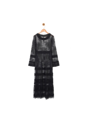 澳洲高端设计师TC 女款 黑色 复古刺绣网纱拼接半透视连衣裙
