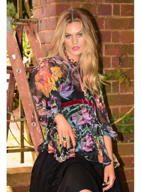 澳洲高端设计师TC 女款 法式复古印花灯笼袖收腰衬衫 上衣