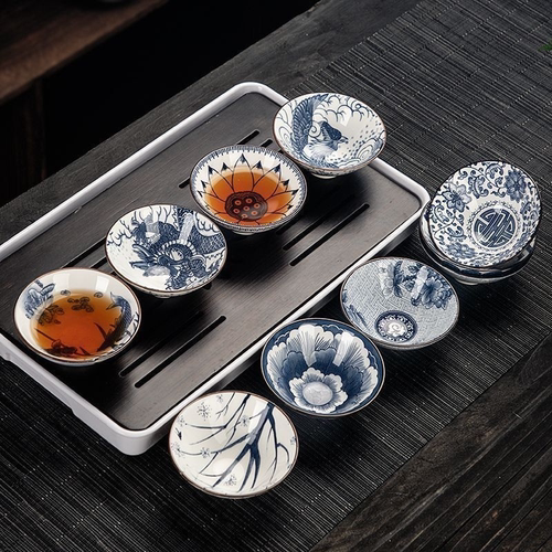 【新款6个一套】青花瓷釉下彩斗笠杯茶杯主人杯整套家用品茗杯