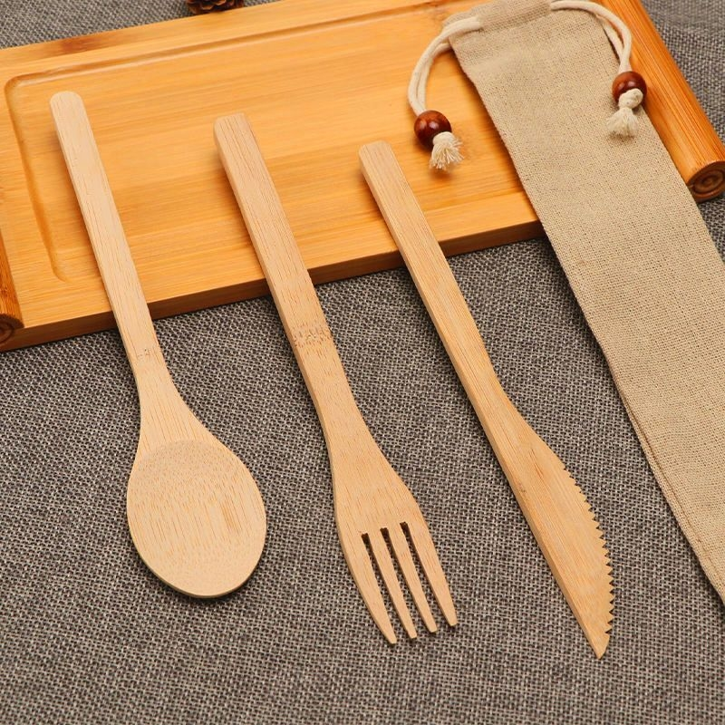 竹木刀叉勺三件套家用可爱牛排刀叉盘子套装西餐餐具网红叉子勺子